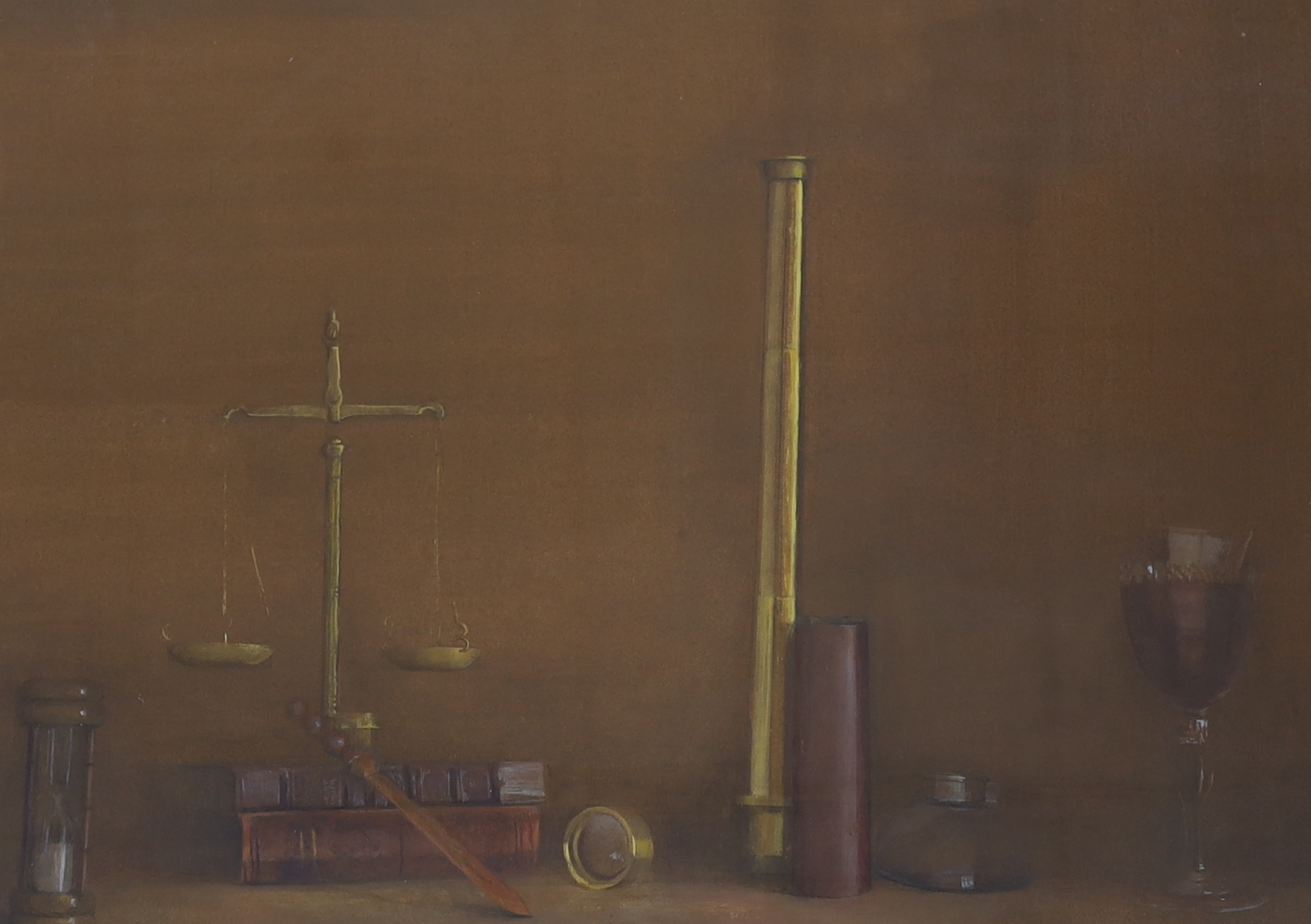 Oil, Still life of vessels and scientific instruments, indistinctly monogrammed lower right, 54 x 73cm
